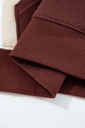 Coffee Color Block Patchwork Athleisure Hooded Sweatshirt - Image 6