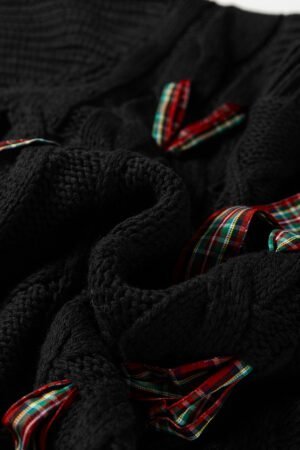 Black Plaid Lace up Detail Christmas Holiday Puff Short Sleeve Sweater - Image 7