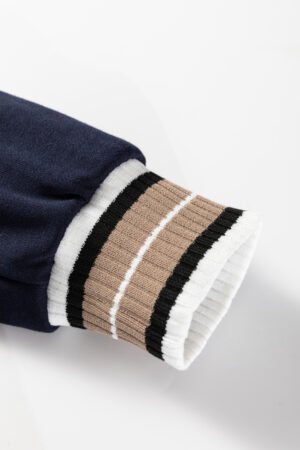 Navy Blue Varsity Contrast Striped Trim V Neck Sweatshirt - Image 8