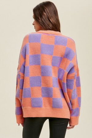 Alternative view of Grapefruit Orange Checkered Pattern Ribbed Trim Knit Baggy Sweater