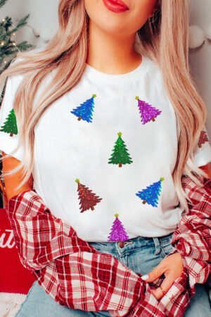 Alternative view of White Glitter Christmas Tree Pattern Cuffed Sleeve Christmas T Shirt
