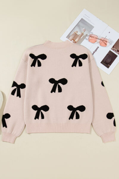 Smoke Gray Pearl Embellished Bow Pattern Loose Sweater