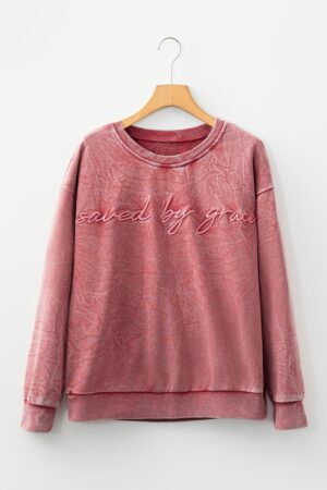 Mineral Red saved by grace Letter Embroidery Mineral Wash Loose Sweatshirt - Image 5