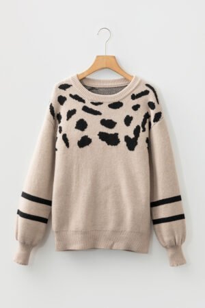 Khaki Leopard Striped Detail Drop Shoulder Sweater - Image 3