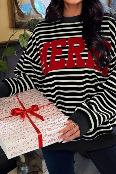 Black Stripe Contrast MERRY Letter Christmas Print Drop Shoulder Sweatshirt