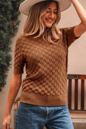 Straw Yellow Fish Scale Textured Knit Ribbed High Neck Short Sleeve Sweater - Image 3