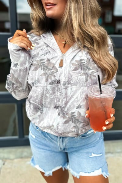 Gray Camo Leaf Print Kangaroo Pocket Quarter Zip Hoodie