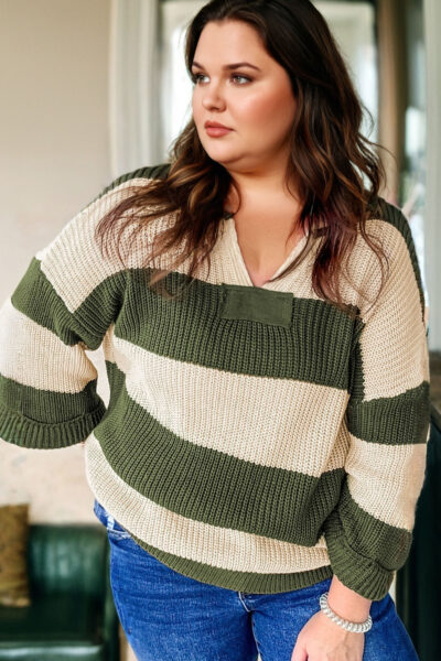 Green Stripe Colorblock Notched Neck Plus Size Sweater