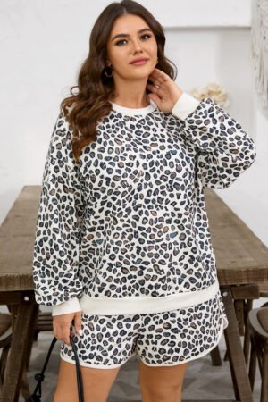 Khaki Plus Size Leopard Loose Pullover Casual Shorts 2pcs Outfit - Image 11
