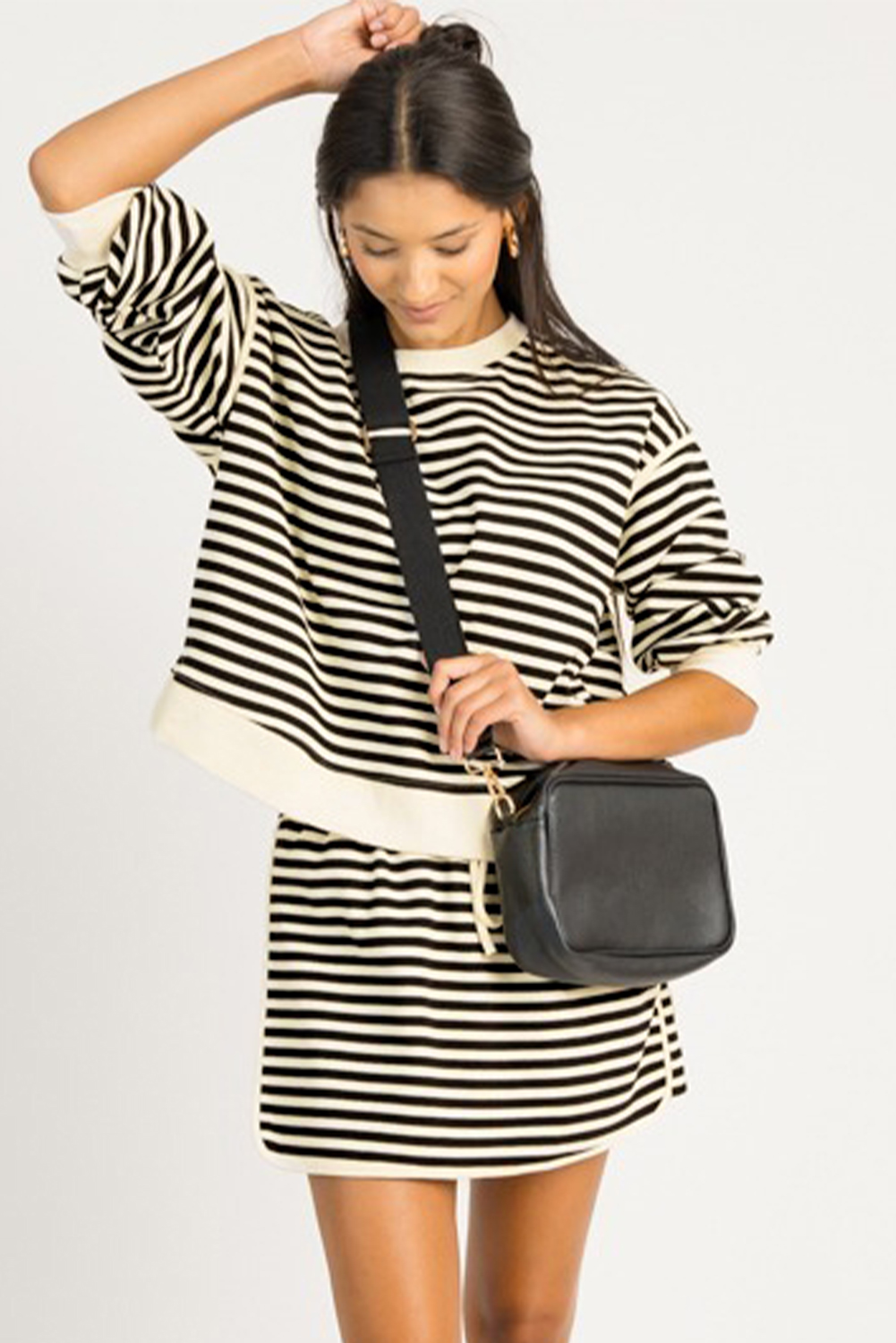 Black Stripe Textured Drop Shoulder Pullover Top Drawstring Mini Skirt Two Piece Dress Set Black Stripe Textured Drop Shoulder Pullover Top Drawstring Mini Skirt Two Piece Dress Set