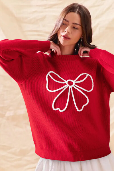 Fiery Red Bow Embroidered Graphic Ribbed Sweater Top