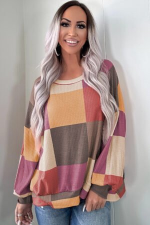 Rose Red Checkered Print Textured Knit Long Sleeve Loose Top - Image 4
