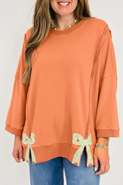 Grapefruit Orange Floral Bow Patched Exposed Seam Patchwork Slit Baggy Sweatshirt