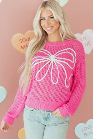 Sachet Pink Sweet Bow Decor Hollow Out Knitted Drop Shoulder Sweater - Image 12