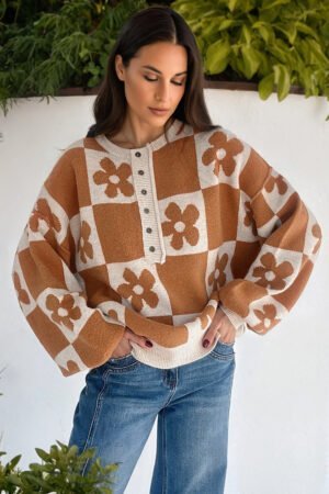 Thai Curry Flower Plaid Henley Baggy Sweater - Image 3