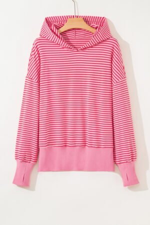 Rose Stripe Thumbhole Side Slits Drop Shoulder Loose Fit Hoodie - Image 5