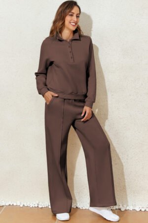Dark Brown Solid Collared Sweatshirt and High Waist Pants Active Set - Image 8