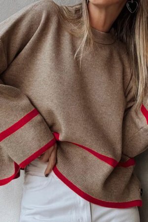 Simply Taupe Ribbed Knit Contrasted Stripe Detail Button Side Loose Sweater - Image 3
