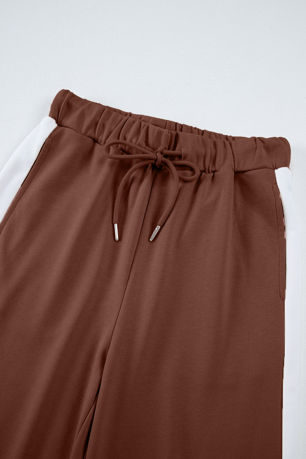 Chestnut Varsity Stripe Patchwork Puff Sleeve Pullover Drawstring Wide Leg Pant Set Chestnut Varsity Stripe Patchwork Puff Sleeve Pullover Drawstring Wide Leg Pant Set