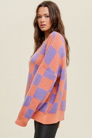 Grapefruit Orange Checkered Pattern Ribbed Trim Knit Baggy Sweater - Image 3