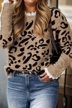 Brown Leopard Knitted Lacy Trim Cuffed Plus Size Sweater - Image 9