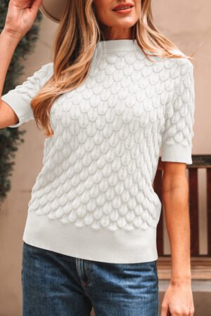 White Fish Scale Textured Knit Ribbed High Neck Short Sleeve Sweater - Image 6