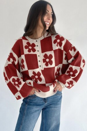 Red Dahlia Flower Plaid Henley Baggy Sweater - Image 3