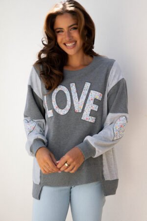 Dark Grey LOVE Graphic Exposed Seam Patchwork Uneven Hem Chic Sweatshirt - Image 4