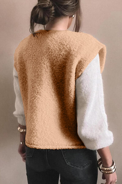 Light French Beige Big Button Accent Fuzzy Pocket Vest