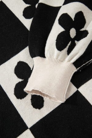 Black Flower Plaid Henley Baggy Sweater - Image 8