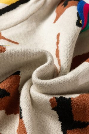 Apricot Contrast Ribbed Stripes Detail Animal Pattern Knit Sweater - Image 7