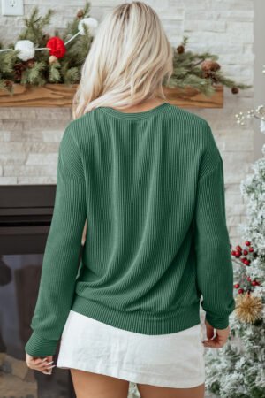 Evergreen Twisted Rib Outlined Merry Letter Graphic Loose Long Sleeve Top - Image 4