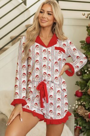White Santa & Stripes Ruffle PJ Set
