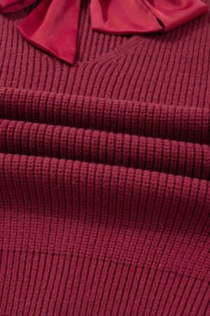 Red Dahlia Ribbed Knit Ribbon Knot Backless Drop Shoulder Sweater - Image 8
