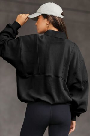 Alternative view of Black Half Zip Stand Collar Exposed Seam Solid Color Casual Sweatshirt