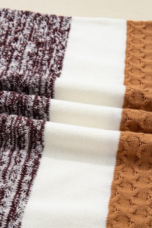 Brown Mixed Texture Knit Striped Color Block Loose Sweater - Image 13
