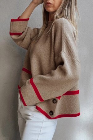 Simply Taupe Ribbed Knit Contrasted Stripe Detail Button Side Loose Sweater - Image 2