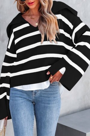Black Caped V Neck Slit Sleeve Striped/Solid Sweater - Image 7