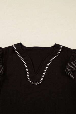 Black Contrast Stitched Detail V Neck Ruffle Long Sleeve Blouse - Image 3