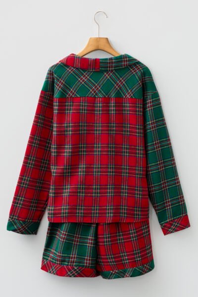 Red Plaid Contrast Patched Christmas Holiday Long Sleeve Shirt and Short 2pcs Pajama Set