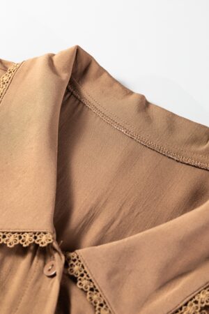 Straw Yellow Lace Trim Peter Pan Collar Long Sleeve Mini Shirt Dress - Image 8