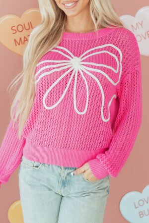 Sachet Pink Sweet Bow Decor Hollow Out Knitted Drop Shoulder Sweater - Image 16