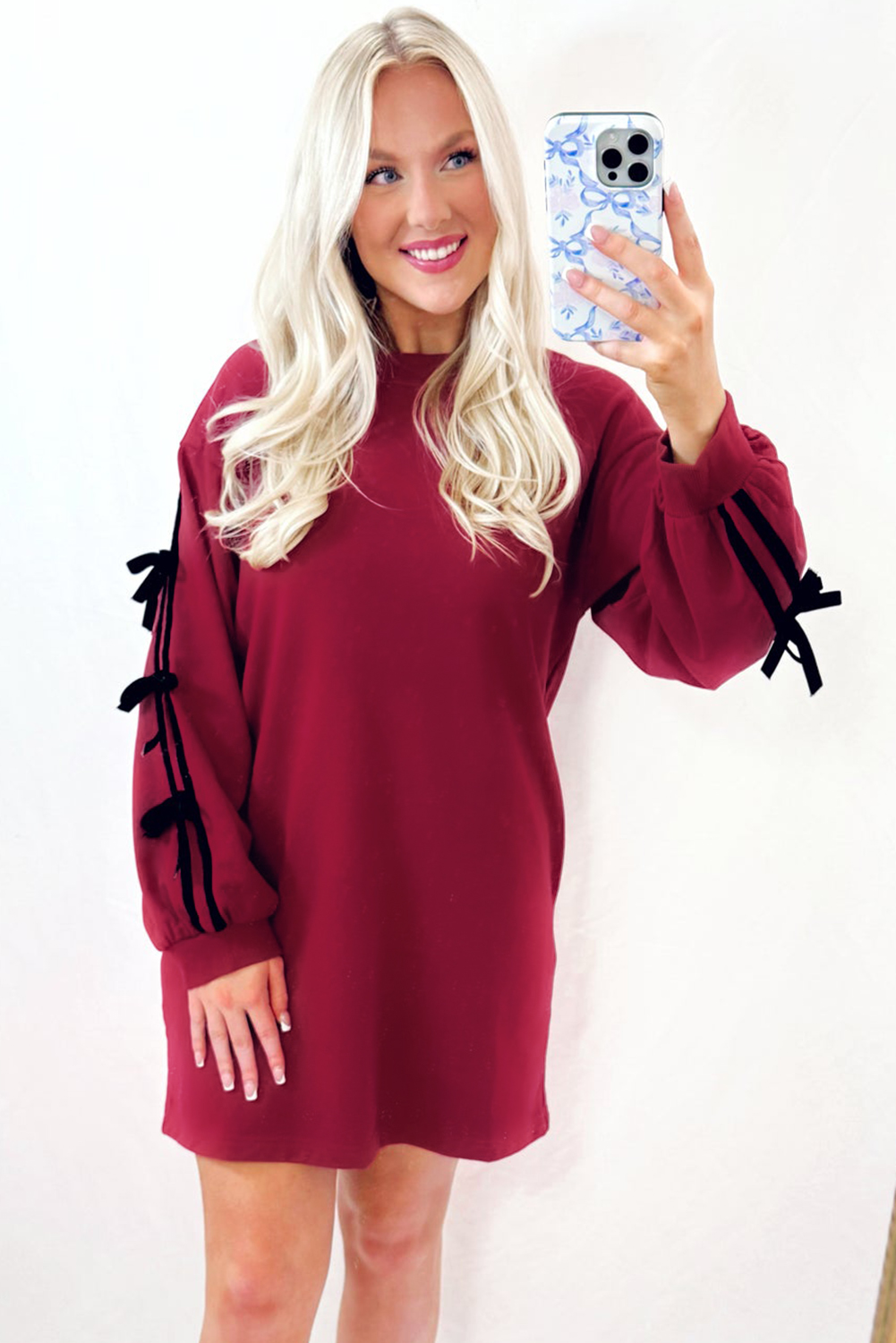 Racing Red Contrast Striped Bow Detail Drop Shoulder Sweatshirt Dress with Pockets Racing Red Contrast Striped Bow Detail Drop Shoulder Sweatshirt Dress with Pockets