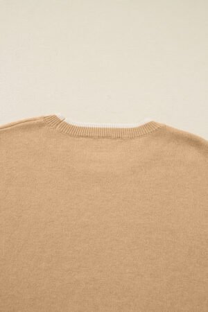 Tan Plus Size Leopard Bow Decor Split Cuffs Loose Sweater - Image 6