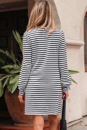 White Stripe Buttoned Front Collared Long Sleeve T Shirt Dress with Pockets - Image 10