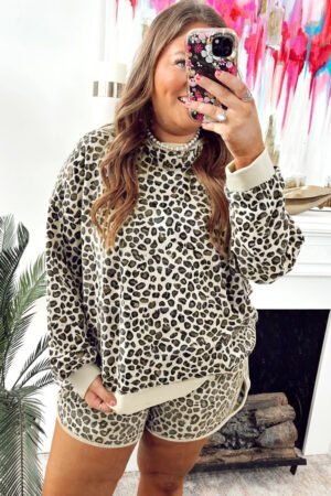 Alternative view of Khaki Plus Size Leopard Loose Pullover Casual Shorts 2pcs Outfit