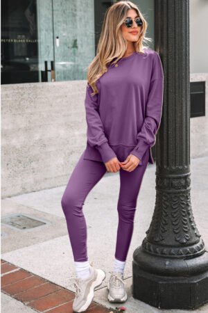 Orchid Mist Solid Color Oversize Slit Sweatshirt Ribbed Leggings 2pcs Set - Image 15