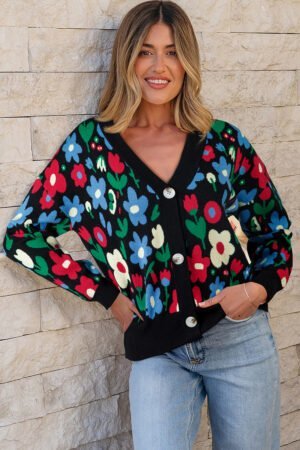 Black Floral Print V Neck Buttoned Short Cardigan Sweater - Image 3