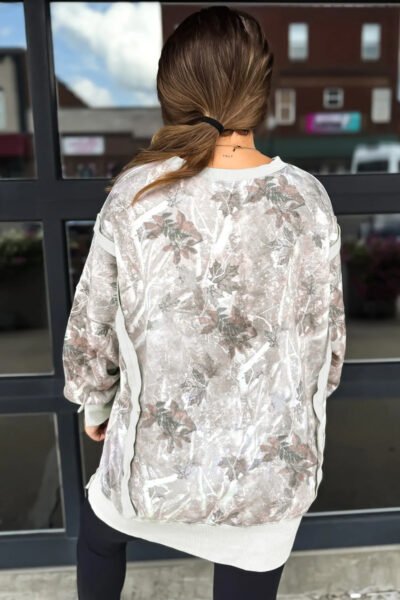 Gray Leafy Camo Print Exposed Seam Patchwork Baggy Slit Sweatshirt