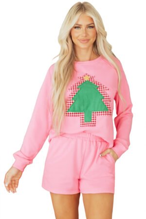 Sachet Pink Plaid Contrasted Double Christmas Tree Patched Raglan Sleeve Pullover 2pcs Short Set - Image 21